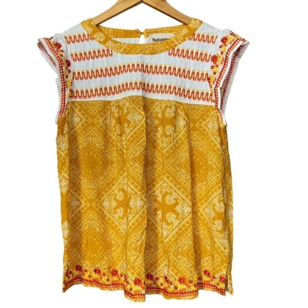 Savanna Jane mixed print Embroidered Floral Cap Sleeve boho top women’s Medium